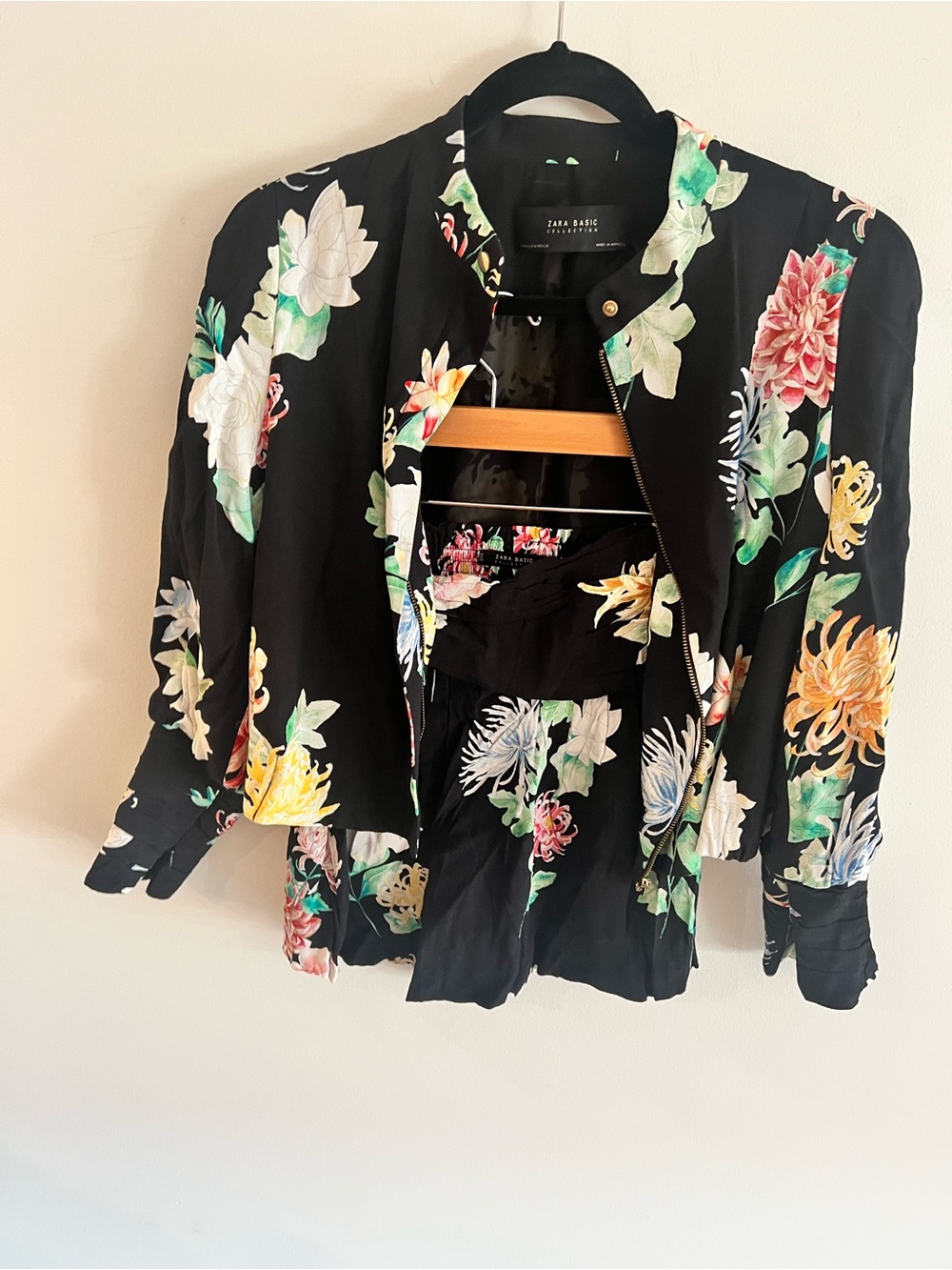 Zara Basic Black Floral Jacket & Shorts Set Size M Chic Matching Co-Ord Outfit